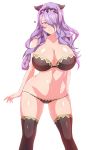  arms_at_sides ass_visible_through_thighs bikini black_bikini black_legwear blue-senpai blush breasts camilla_(fire_emblem_if) cleavage collarbone feet_out_of_frame fire_emblem fire_emblem_if hair_ornament hair_over_one_eye heart huge_breasts legs_apart long_hair looking_at_viewer navel parted_lips pink_eyes purple_hair shiny shiny_hair shiny_skin simple_background solo stomach swimsuit thighhighs tiara tsurime wavy_hair white_background 