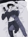  2boys 404n_f abs barefoot blue_lock cellphone character_doll doll face-to-face fingernails hand_under_clothes hand_under_shirt head_on_pillow highres holding holding_phone karasu_tabito laughing leg_between_thighs lying male_focus midriff multicolored_hair multiple_boys navel on_back on_bed open_mouth otoya_eita pajamas phone pillow shirt short_hair smartphone streaked_hair yaoi 