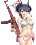 1girl assault_rifle bikini black_hair black_horns blue_archive breasts brown_shrug chiaki_(blue_archive) chiaki_(swimsuit)_(blue_archive) commentary_request curved_horns demon_horns fishnet_shrug gun halo hase_yu holding holding_gun holding_weapon horns long_hair looking_at_viewer medium_breasts multicolored_horns o-ring o-ring_bikini o-ring_top official_alternate_costume official_alternate_hairstyle pointy_ears red_eyes red_halo rifle see-through_clothes see-through_shrug shrug_(clothing) side-tie_bikini_bottom smile solo stg44 swimsuit thigh_gap two-tone_horns weapon white_bikini 