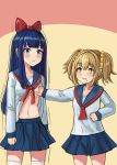  2girls :3 anger_vein angry bangs blonde_hair blue_eyes blue_hair blue_sailor_collar blue_skirt blunt_bangs blush bow breast_grab breasts closed_mouth commentary_request dark_blue_hair drooling ei_ei_okotta? eyebrows_visible_through_hair grabbing hair_bow hmax looking_at_another medium_breasts miniskirt multiple_girls navel neckerchief no_bra open_mouth parody pipimi pleated_skirt poptepipic popuko red_bow sailor_collar saliva school_uniform serafuku shirt_lift skirt straight_hair thighhighs trembling twintails wavy_mouth white_legwear yellow_eyes yuri 