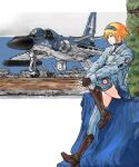  1girl aircraft aircraft_request airplane blonde_hair cityscape commentary_request cross desert fictional_aircraft fighter_jet french_text headband military_uniform military_vehicle mole mole_under_eye open_cockpit original roundel short_hair sitting skirt solo thighhighs two-barred_cross white_background y_(khakiyawn) 