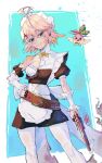  1girl absurdres ahoge bird black_dress black_nails blonde_hair blue_eyes boutsoftheblind bra breasts cleavage commentary dokibird dress dynamite enmaided explosive fang grenade gun hair_ornament highres holding holding_gun holding_weapon indie_virtual_youtuber looking_at_viewer maid maid_headdress pantyhose revolver short_hair skin_fang smoke smoking_barrel solo torn_clothes torn_dress underwear virtual_youtuber weapon white_bra white_pantyhose x_hair_ornament 