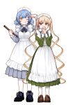  2girls alternate_costume apron black_bow black_bowtie black_shoes blonde_hair blue_dress blue_hair bow bowtie braid braided_hair_rings brown_shoes collared_dress commentary covering_own_mouth dress footwear_bow frilled_apron frilled_hairband frills full_body green-framed_eyewear green_eyes hair_bow hair_rings hairband highres holding holding_stick long_hair long_skirt long_sleeves looking_at_viewer mahou_shoujo_no_majo_saiban maid_headdress multiple_girls nakamochi24 one_eye_closed pantyhose shoes short_hair simple_background skirt stick tachibana_sherry tehepero tongue tongue_out tono_hanna twintails untranslatable_commentary white_apron white_background white_hairband white_pantyhose yellow_eyes 