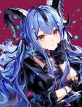  1girl absurdres arknights bang_dream! bang_dream!_it's_mygo!!!!! black_dress black_gloves blue_hair dress gloves highres horns hupurinn long_hair looking_at_viewer open_mouth purple_background sidelocks solo togawa_sakiko togawa_sakiko_(master_of_melodia) two_side_up upper_body yellow_eyes 