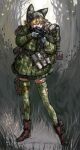  1girl 82nd_airborne aiming ammunition_pouch animal_ear_headwear backpack bag blonde_hair boots brown_boots camouflage camouflage_jacket commentary_request facing_viewer gloves grass gun holster jacket m3_submachine_gun military military_patch military_rank_insignia military_uniform original pouch short_hair skirt soldier solo solo_focus submachine_gun thigh_holster thighhighs tree weapon white_gloves y_(khakiyawn) 
