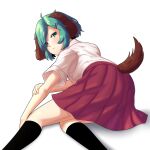  1girl ahoge alternate_costume animal_ears black_socks blush closed_mouth commentary dog_ears dog_girl dog_tail feet_out_of_frame full_body green_eyes green_hair hand_on_own_arm highres jemma_finn kasodani_kyouko pink_skirt shirt short_hair short_sleeves simple_background skirt socks solo tail touhou white_background white_shirt 