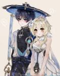  1boy 1girl arm_at_side averting_eyes bare_arms bare_shoulders belt bishounen black_belt black_bodysuit black_bow black_hair black_shorts blonde_hair blue_feathers blue_flower blue_gem blue_hat blue_jingasa blue_kimono blue_sleeves blue_trim blunt_ends blush bodysuit bow breasts cleavage clenched_hands commentary_request couple covered_collarbone dress eyelashes feather_hair_ornament feathers fingernails flower gem genshin_impact gold hair_flower hair_ornament hakama hakama_shorts halterneck hand_up hat headpat hetero highres japanese_clothes jingasa juban kimono layered_sleeves looking_at_viewer looking_down lumine_(genshin_impact) mandarin_collar medium_breasts migigi multicolored_feathers multicolored_flower notice_lines open_clothes open_kimono open_mouth pleated_shorts pom_pom_(clothes) purple_eyes purple_rope purple_sash rope sash scaramouche_(genshin_impact) scarf short_hair short_hair_with_long_locks short_sleeves shorts shoulder_peek showgirl_skirt side-by-side sidelocks spoken_blush tassel thai_commentary tsurime twitter_username vision_(genshin_impact) wanderer_(genshin_impact) watermark white_dress white_feathers white_flower white_kimono white_scarf white_sleeves wispy_bangs wolf_cut yellow_eyes yellow_feathers 