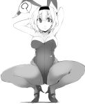  ? @_@ alice_margatroid alternate_costume animal_ears arms_up bad_id bad_twitter_id bare_arms bare_shoulders breasts bunny_ears bunnysuit cleavage eyebrows_visible_through_hair full_body greyscale hairband high_heels highleg highleg_leotard hypnosis kamukamu_(ars) leotard looking_at_viewer medium_breasts mind_control monochrome open_mouth pantyhose shoes short_hair sketch solo spoken_question_mark squatting touhou 