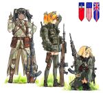  3girls american_flag assault_rifle backpack bag banner battle_rifle bipod black_hair blonde_hair boots bow bullpup camouflage coat collapsed_bipod commentary_request covering_own_face em-2 famas french_flag grass gun hair_bow headband knee_pads kneeling load-bearing_vest m14 mars_expedition military military_uniform multiple_girls multiple_hair_bows optical_sight orange_hair overcoat pointing pointing_up rifle soldier thighhighs twintails union_jack weapon white_background y_(khakiyawn) 