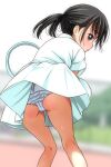  1girl ass black_eyes black_hair blurry blurry_background cameltoe commentary_request frilled_panties frills from_behind highres holding holding_tennis_racket kneepits leaning_forward long_hair looking_at_viewer looking_back matsunaga_kouyou original outdoors panties ponytail racket shirt short_sleeves skirt solo sportswear standing tennis tennis_racket tennis_skirt tennis_uniform thighs underwear white_shirt white_skirt wind wind_lift 
