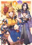  ! 1boy 1girl animal_ears atelier_(series) atelier_resleriana bare_shoulders beans black_gloves black_hair blonde_hair blue_skirt breasts closed_eyes clothing_cutout commentary_request detached_sleeves eihi fingerless_gloves fox_ears fox_girl gloves grey_pants hakama hakama_pants hakama_short_skirt hakama_skirt highres japanese_clothes kimon_(atelier) kimono kuji-in kunai magatama mamemaki mask mask_on_head masu medium_breasts musical_note official_art oni_mask open_mouth pants red_eyes setsubun short_kimono side_slit single_fingerless_glove skirt smile spoken_exclamation_mark spoken_musical_note thighs towa_(atelier) weapon yellow_kimono 