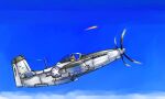  1girl aircraft airplane animal_ear_headwear blonde_hair blue_sky cloud cockpit commentary_request flying helmet insignia looking_at_object military military_vehicle original p-51_mustang pilot pilot_helmet propeller propeller_fighter roundel sky ufo united_states_air_force vehicle_focus y_(khakiyawn) 