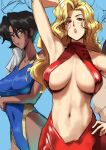  1990s_(style) 2girls arm_behind_head black_hair blonde_hair blue_background breasts breasts_apart brown_eyes center_opening commentary competition_swimsuit covered_navel dark-skinned_female dark_skin drying english_commentary eu03 golden_boy hair_between_eyes halterneck hand_on_own_hip hayami_ayuko highleg holding holding_towel large_breasts lips lipstick long_hair looking_at_viewer loose_hair_strand makeup multiple_girls navel one-piece_swimsuit onna_shachou parted_bangs parted_lips retro_artstyle short_hair sketch stomach swimsuit towel underboob veins veiny_breasts wavy_hair wet 