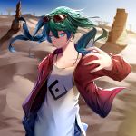  bad_id bad_pixiv_id blue_eyes blue_hair blurry blurry_background closed_mouth commentary_request day depth_of_field desert dress earrings eyebrows_visible_through_hair eyewear_on_head floating_hair green_hair hair_between_eyes hatsune_miku highres hoop_earrings jacket jewelry long_hair long_sleeves looking_at_viewer multicolored_hair open_clothes open_jacket outdoors red_jacket short_dress solo soya_(torga) suna_no_wakusei_(vocaloid) sunglasses two-tone_hair v-shaped_eyebrows vocaloid white_dress 