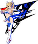  1girl artist_name bikini blonde_hair blue_bikini blue_sleeves boots bow breasts cleavage_cutout clothing_cutout collar detached_sleeves green_eyes hair_bow highleg highleg_bikini long_hair looking_at_viewer midriff multicolored_bikini multicolored_boots navel open_mouth original outstretched_arm personification sideboob smile solo suzuki_(company) swimsuit twintails two-tone_bikini two-tone_sleeves v white_background white_bikini white_boots white_bow white_collar white_sleeves yamato_akira zipper zipper_bikini zipper_pull_tab 
