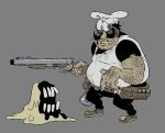  1boy ammunition_belt arm_hair black_hair black_pants brown_shoes cheeseslime chef_hat colored_teeth commentary double-barreled_shotgun english_commentary facial_hair full_body grey_background gun hat holding holding_weapon large_nose looking_back male_focus mustache pants peppino_spaghetti pixel_art pizza_cutter pizza_tower shoes short_hair shotgun simple_background standing submarinechamomile trembling weapon white_hat yellow_teeth 
