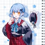  1girl bird black_capelet black_hat blue_bow blue_bowtie blue_hair bow bowtie braid braided_hair_rings capelet center_frills collared_shirt commentary frills grid_background hair_bow hair_rings hat holding_hands looking_at_viewer mahou_shoujo_no_majo_saiban nakamochi24 official_alternate_costume open_mouth paper_background plaid_bow plaid_bowtie plaid_clothes plaid_skirt pleated_skirt pointing pointing_up shirt short_hair skirt solo tachibana_sherry untranslatable_commentary upper_body white_shirt wide_sleeves yellow_eyes 
