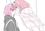  11_virus_11 2girls amaori_haruna amaori_renako black_hoodie blush commentary_request ear_blush eye_contact forehead-to-forehead heads_together highres hood hoodie incest korean_commentary long_hair looking_at_another medium_hair multiple_girls parted_lips pink_hair pink_hoodie ponytail purple_eyes striped_clothes striped_hoodie sweat watashi_ga_koibito_ni_nareru_wake_naijan_murimuri! yuri 