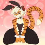  2018 angry anthro blonde_hair bunny_costume clothed clothing costume crossdressing fake_ears fake_rabbit_ears feline hair legwear looking_at_viewer male mammal solo tacoyaki tacoyaki_(character) thick_thighs tiger voluptuous wide_hips 