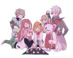  2boys 5girls :3 :d ahoge akabane_youko akabane_youko_(1st_costume) all_fours among_us black_jacket black_ribbon blonde_hair blue_jacket brown_hair cardigan closed_eyes commentary earrings fang flower full_body green_eyes green_pants green_skirt grey_hair grey_pants hair_flower hair_ornament hair_ribbon hairclip hand_in_pocket highres holding holding_stuffed_toy honma_himawari honma_himawari_(1st_costume) hood hood_down hooded_jacket jacket jewelry kanae_(1st_costume)_(nijisanji) kanae_(nijisanji) knees_up kuzuha_(1st_costume)_(nijisanji) kuzuha_(nijisanji) lifting_person long_hair long_pointy_ears long_sleeves lying makaino_ririmu makaino_ririmu_(4th_costume) mole mole_under_eye multicolored_hair multiple_boys multiple_girls nasu_bacon nijisanji nijisanji_gamers on_stomach one_side_up open_mouth orange_hair pants pink_hair pink_jacket pink_socks plaid_clothes plaid_skirt pleated_skirt pointy_ears ponytail red_cardigan red_eyes red_hair red_pants ribbon roto_(kanae) sasaki_saku sasaki_saku_(1st_costume) school_uniform shiina_yuika shiina_yuika_(1st_costume) shirt short_hair simple_background sitting skirt sleeves_past_fingers sleeves_past_wrists smile socks striped_clothes striped_jacket striped_pants stud_earrings stuffed_toy sunflower sunflower_hair_ornament sweatpants track_jacket track_pants virtual_youtuber white_background white_jacket white_shirt 