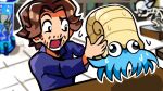  1boy animal_skeleton blue_shirt brown_hair facial_hair holding holding_pokemon indoors kabutops omanyte open_mouth pokemon pokemon_(creature) rampardos shirt short_hair spyg stubble toon_(style) upper_body video_thumbnail wolfe_glick youtube_video_thumbnail 