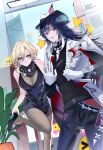  1boy 1girl alternate_costume arm_belt ashveil_(honkai:_star_rail) black_dress black_hair blonde_hair blush breasts bright_pupils chuchushotacon cleavage cleavage_cutout clothing_cutout commentary cutoffs dress earrings fedora genderswap gloves gradient_background green_eyes grey_eyes hair_between_eyes hat high_heels highres honkai:_star_rail honkai_(series) jewelry kuchiba_(honkai:_star_rail) long_hair looking_at_viewer male_focus necklace pantyhose see-through_clothes short_dress single_earring single_glove sweat turtleneck undressing untranslatable_commentary unworn_hat unworn_headwear vest waistcoat watermark 