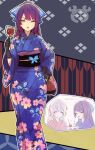  2girls ^_^ animal_print artist_name assault_lily black_gloves blue_background blue_bow blue_kimono bow braid butterfly_print candy_apple closed_eyes commentary feet_out_of_frame floral_print food funada_kiito funada_ui gloves green_eyes grey_background grey_hair hair_bow hand_on_own_hip high_ponytail highres holding holding_candy_apple holding_food holding_kinchaku holding_plate hotaru_(ultraroly_poly) japanese_clothes kimono kinchaku lace lace_gloves long_hair long_sleeves looking_at_viewer mole mole_under_eye mole_under_mouth multiple_girls multiple_views notice_lines obi open_mouth outline pink_kimono plate ponytail pouch print_kimono purple_hair sash siblings side_braid single_braid sisters smile standing teeth translated twins twitter_username upper_body upper_teeth_only v-shaped_eyebrows watermark white_outline wide_sleeves yagasuri yellow_background 
