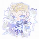  1boy 2026 armor black_shirt blonde_hair blue_bow blue_cape blue_eyes boots bow cape chibi chibi_only coin commentary_request dated earrings edgar_roni_figaro final_fantasy final_fantasy_vi gold_coin gold_trim hair_bow highres holding holding_polearm holding_weapon jewelry long_hair low_ponytail male_focus mayu0828_ff multi-tied_hair parted_lips polearm ponytail sash shirt shoulder_armor smile solo twintails waist_sash weapon white_boots 