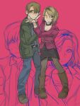  1boy 1girl black_choker black_dress blonde_hair blue_eyes blue_pants blush_stickers boots brown_boots brown_pantyhose brown_shoes choker collared_shirt commentary dress green_jacket grey_shirt hands_on_another's_face highres jacket james_sunderland long_sleeves looking_at_viewer maria_(silent_hill) multicolored_hair one_eye_closed pants pantyhose pink_background pink_hair pink_jacket shirt shoes silent_hill_(series) silent_hill_2 silent_hill_2_(remake) single_blush_sticker smile streaked_hair zhomgwei59756 