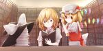  2girls blonde_hair book book_stack bow bowtie braid collared_shirt commentary_request flandre_scarlet frilled_sleeves frills green_bow green_bowtie hat hat_bow highres holding holding_book kage_ochi kirisame_marisa library looking_down medium_hair mob_cap multiple_girls one_side_up puffy_short_sleeves puffy_sleeves reading_together red_bow red_eyes red_skirt shirt short_sleeves side_braid single_braid skirt touhou unworn_headwear white_bow wings witch_hat yellow_eyes 