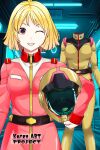  1girl alternate_eye_color assault_visor black_boots black_gloves blonde_hair bodysuit boots brown_eyes collared_bodysuit commentary_request earth_federation_space_forces full_body gloves grin gundam helmet highres holding holding_unworn_helmet mecha_interior mecha_pilot_suit medium_hair mobile_suit_gundam sayla_mass skin_tight smile solo spacesuit temisu_no_nageki unworn_headwear unworn_helmet 
