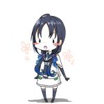  black_hair black_legwear black_neckwear black_sailor_collar blush_stickers chestnut_mouth chibi chimaki. elbow_gloves full_body gloves hair_ribbon kantai_collection long_hair low_twintails neckerchief ribbon sailor_collar scarf school_uniform serafuku sleeveless solo standing suzukaze_(kantai_collection) thighhighs twintails upper_teeth white_background white_scarf 