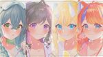  4girls :3 absurdres ahoge animal_ear_fluff animal_ears black_hair blonde_hair blue_bow blue_eyes blue_hairband blush bow bow_hairband braid cat_ears closed_mouth collarbone colored_inner_hair column_lineup commentary_request cow_ears crossed_bangs diamond-shaped_pupils diamond_(shape) double-parted_bangs drumsticks flower-shaped_pupils gkramuparudo green_eyes green_hair grey_background grey_hair hair_between_eyes hair_over_shoulder hairband hand_up highres holding holding_drumsticks horns kadou_mikaru long_hair long_sidelocks looking_at_viewer low_twin_braids mole mole_under_eye multicolored_hair multiple_girls nail_polish nekoyashiki_miku nijisanji official_alternate_costume open_mouth orange_hair pink_shirt purple_eyes purple_hair purple_nails purple_shirt shirt sidelocks sleeves_past_wrists smile split_mouth square_neckline swept_bangs symbol-shaped_pupils togawa_nonoha twin_braids two-tone_hair virtual_youtuber white_horns white_shirt yagyu_shino yoiyume_(nijisanji) 