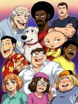  2girls 6+boys afro animification aqua_shirt baby backwards_hat baseball_cap black_hair blonde_hair blue_eyes blue_shirt blush brian_griffin brother_and_sister brothers brown_hair cleveland_brown collared_shirt crossed_arms cup dark-skinned_male dark_skin djofficial98 dog dog_boy double_chin facial_hair family family_guy fat fat_man father_and_child father_and_daughter father_and_son floral_print floral_print_shirt glass glasses glenn_quagmire goatee gradient_background hat hawaiian_shirt highres holding holding_cup husband_and_wife jerome_(family_guy) joe_swanson john_herbert_(family_guy) lois_griffin lotion_bottle meg_griffin mother_and_child mother_and_daughter mother_and_son multiple_boys multiple_girls mustache old old_man orange_hair parent_and_child peter_griffin pink_hat pink_shirt print_shirt red_shirt round_eyewear shirt short_hair siblings stewie_griffin white_dog white_hair yellow_shirt 