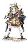  1girl ammunition_pouch animal_ears blonde_hair blue_eyes boots bow brown_boots camouflage combat_helmet commentary_request desert_camouflage explosive grenade gun gun_sling handgun hat hat_bow headlamp helmet knee_pads load-bearing_equipment optical_sight original pouch radio_antenna revolver short_hair shovel single_knee_pad skirt socks solo standing submachine_gun thompson_submachine_gun weapon white_background y_(khakiyawn) 