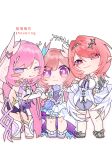  3girls absurdres black_shorts blush_stickers breasts chinese_commentary color_connection commentary_request company_connection corset cyrene_(demiurge)_(honkai:_star_rail) cyrene_(honkai:_star_rail) diamond-shaped_pupils diamond_(shape) dress elysia_(herrscher_of_human:_ego)_(honkai_impact) elysia_(honkai_impact) feathered_wings hair_color_connection hair_ornament highres honkai:_star_rail honkai_(series) honkai_impact_3rd inoue_marina ji_jian_moshi long_hair looking_at_viewer medium_breasts medium_hair mihoyo multiple_girls pink_hair pointy_ears purple_eyes remielle_dan short_shorts shorts simple_background symbol-shaped_pupils very_long_hair voice_actor_connection white_background white_corset white_dress white_wings wings yanning zenless_zone_zero 