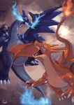  blue_eyes blue_fire blue_wings charizard dragon duel fire gen_1_pokemon highres mega_charizard_x mega_charizard_y mega_pokemon no_humans pokemon pokemon_(creature) red_eyes tail tesshii_(riza4828) wings 