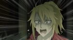  2boys black_hair blonde_hair collared_shirt commentary_request constricted_pupils crying crying_with_eyes_open gloom_(expression) hair_between_eyes highres indoors iwatani_naofumi kitamura_motoyasu masuji medium_hair multiple_boys official_style open_mouth out_of_frame parted_bangs ponytail portrait red_eyes red_shirt shaded_face shirt short_hair short_ponytail solo_focus tate_no_yuusha_no_nariagari tears teeth wide_mouth 