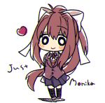  black_legwear blazer blue_skirt blush_stickers bow brown_hair character_name chibi chromatic_aberration doki_doki_literature_club english full_body hair_bow heart jacket kneehighs long_hair looking_at_viewer minamiya_mia monika_(doki_doki_literature_club) school_uniform simple_background skirt smile solo very_long_hair white_background white_bow 