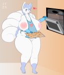  ! &lt;3 2018 3_toes alolan_vulpix anthro apron areola big_breasts blue_eyes breasts clothing cookie female food hair hi_res holding_object huge_breasts looking_at_viewer lysergide multi_tail naked_apron nintendo nipples oven oven_mitts pok&eacute;mon pok&eacute;mon_(species) pussy regional_variant short_hair small_head solo thick_thighs toes video_games 