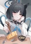  1girl absurdres animal_ears black_choker black_eyes black_hair black_sailor_collar blue_archive blue_halo blue_neckerchief bowl bright_pupils cat_ears cat_girl cat_tail choker chopsticks commentary eyeshadow feeding_viewer food gradient_tail halo highres holding holding_chopsticks holding_food holding_with_chopsticks indoors kikyou_(blue_archive) light_blush looking_at_viewer lunar_(pixiv53683306) makeup miso_soup multiple_tails neckerchief no_haori omelet parted_lips red_eyeshadow ribbon_choker sailor_collar sailor_shirt shirt short_hair solo spoon table tail tamagoyaki tray two_tails untranslatable_commentary white_pupils white_shirt 