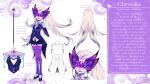  1girl alternate_costume alternate_hairstyle black_skirt blue_eyes blue_sclera character_name chrysalis_(miraculous_ladybug) coattails colored_sclera commentary english_commentary english_text highres jacket lambylucy lila_rossi long_hair miraculous_ladybug platform_shoes purple_jacket purple_lips purple_thighhighs reference_sheet shoes skirt solo staff tailcoat thighhighs very_long_hair white_hair 
