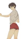  1boy absurdres alternate_costume bare_legs brown_hair commentary_request eren_yeager from_side green_eyes hand_under_clothes hand_under_shirt highres korean_commentary looking_at_viewer looking_to_the_side male_focus omoc_ackerman red_shorts shingeki_no_kyojin shirt short_hair short_shorts shorts simple_background solo standing t-shirt white_background white_shirt 