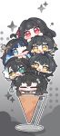  3boys 3girls :3 :d =_= ahoge black_hair blue_eyes blue_hair chibi chibi_only chisa_(wuthering_waves) closed_eyes commentary_request female_rover_(wuthering_waves) green_eyes hair_intakes hair_ornament heterochromia highres ice_cream_cone jingran_(wuthering_waves) male_rover_(wuthering_waves) multicolored_hair multiple_boys multiple_girls qiuyuan_(wuthering_waves) rover_(wuthering_waves) smile streaked_hair sweat syurikenmaru tacet_mark_(wuthering_waves) white_streaks wuthering_waves yangyang_(wuthering_waves) yangyang_(xuanling)_(wuthering_waves) yellow_eyes yurie_mouth 