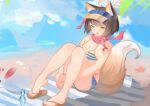  1girl :d absurdres animal_ear_fluff animal_ears ass ball bare_arms bare_legs bare_shoulders beach_towel beachball bikini bikini_bottom_under_shorts bikini_under_clothes blue_archive blue_bikini blue_shorts blue_visor_cap bob_cut bottle breasts brown_hair brown_sandals chinese_commentary cleavage commentary_request cutoffs day denim denim_shorts dot_nose flip-flops fox_ears fox_girl fox_tail full_body glass_bottle green_eyes green_pupils hair_ornament halo heel_up highres hugging_own_legs izuna_(blue_archive) izuna_(swimsuit)_(blue_archive) knees_up legs looking_at_viewer medium_breasts micro_shorts official_alternate_costume open_mouth outdoors pink_halo plantar_flexion pom_pom_(clothes) pom_pom_hair_ornament ramune red_scarf sand sandals scarf short_hair shorts sitting smile solo starfish striped_bikini striped_clothes swimsuit tail towel visor_cap white_bikini yellow_visor_cap yinglemao 