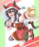  1girl absurdres animal_ears armpits bare_shoulders blue_hair blush boots breasts brown_hair christmas commentary_request daitaku_helios_(umamusume) dress ears_through_headwear fang fur-trimmed_dress fur-trimmed_headwear fur_trim gift hair_between_eyes hat highres holding holding_gift holding_sack horse_ears horse_girl horse_tail long_hair looking_at_viewer medium_breasts multicolored_hair open_mouth red_boots red_dress red_wrist_cuffs sack santa_costume santa_dress santa_hat smile solo star_(symbol) streaked_hair tail teeth uma_motiyodor umamusume wrist_cuffs yellow_eyes 
