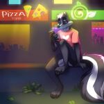 1:1 anthro big_tail black_body black_fur black_nose cafe city city_background city_lights clothing electronics fluffy fluffy_tail food fur grass hair heart_symbol hi_res homa_nix hyperion_(hyperionskunk) male mammal mephitid night paws phone pink_clothing pizza pizzeria plant public public_nudity shirt sitting skunk smile solo street t-shirt tail topwear white_body white_fur
