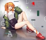  alternate_costume arm_support blue_eyes breasts commentary_request fogriver full_body highres lipstick long_hair looking_at_viewer makeup medium_breasts nail_polish neon_genesis_evangelion orange_hair shirt sitting solo souryuu_asuka_langley twintails white_shirt 