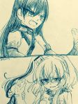  2koma anchor angry bare_shoulders blush breast_pocket breasts comic crying crying_with_eyes_open elbow_gloves eyebrows_visible_through_hair fingerless_gloves frown gloves hair_between_eyes hair_ornament halterneck kantai_collection long_hair machinery monochrome multiple_girls nagato_(kantai_collection) nami_nami_(belphegor-5812) neckerchief no_headgear pocket saratoga_(kantai_collection) short_sleeves side_ponytail sidelocks smokestack sweatdrop tears teeth traditional_media twitter_username wrist_grab 