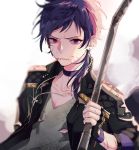  bad_id bad_twitter_id blue_hair choker crowbar ear_piercing ensemble_stars! fingerless_gloves fushimi_yuzuru gloves highres jacket leather leather_jacket long_hair mole piercing ponytail purple_eyes spoilers younger 